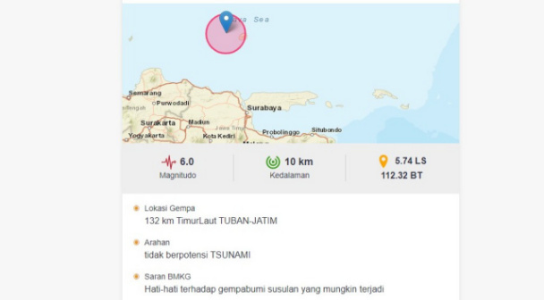 Gempa Bumi Berkekuatan 6.0 SR di Tuban Tidak Berpotensi Tsunami
