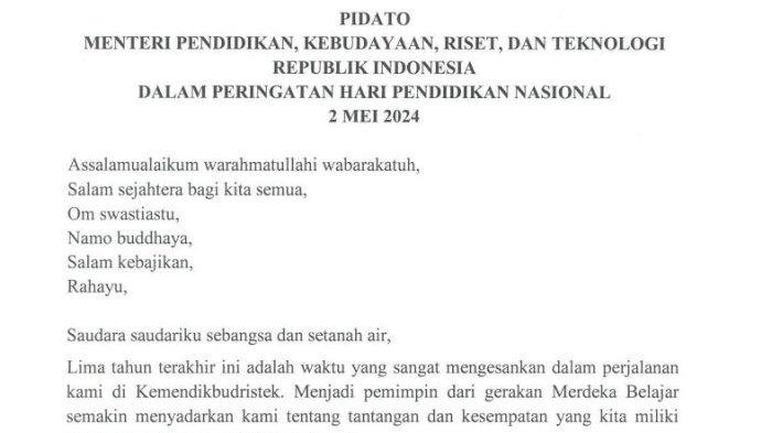 Teks Pidato Menteri Pendidikan Nadiem Makarim pada Upacara Bendera Hardiknas 2024