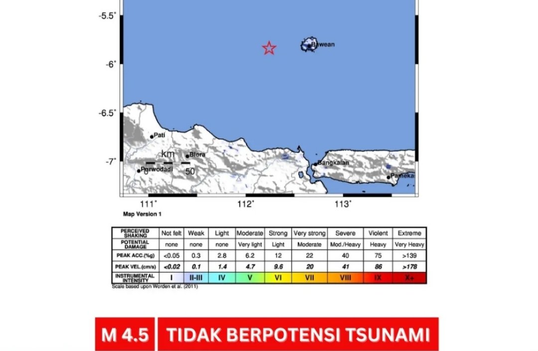 BMKG: Gempa Magnitudo 4,5 Goyang Bawean, Tak Berpotensi Tsunami