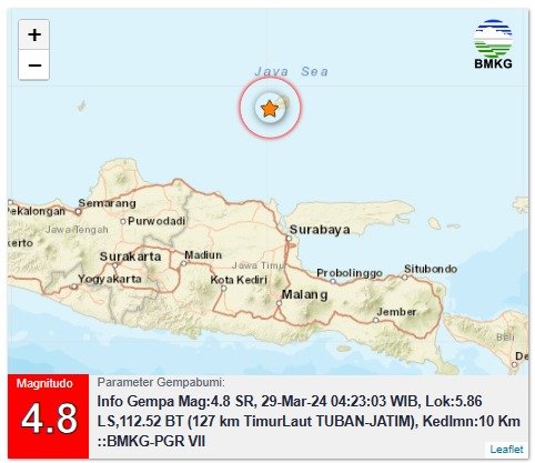 Gempa Susulan Magnitudo 4.8 Guncang Tuban, Lamongan, dan Gresik