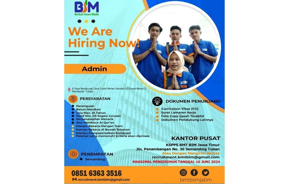 Lowongan Kerja Admin KSPPS di Tuban untuk Lulusan D3