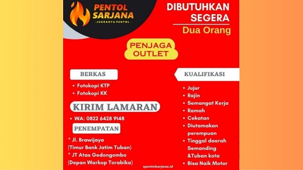 Lowongan Kerja Jaga Outlet Pentol Sarjana di Tuban