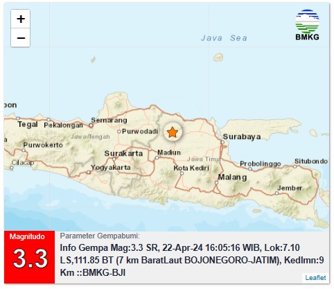 Gempa Magnitudo 3.3 Guncang Bojonegoro
