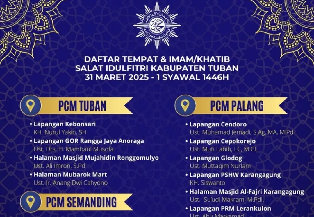 Muhammadiyah Tuban Umumkan 50 Lokasi Salat Idulfitri, Ini Daftar Lengkapnya