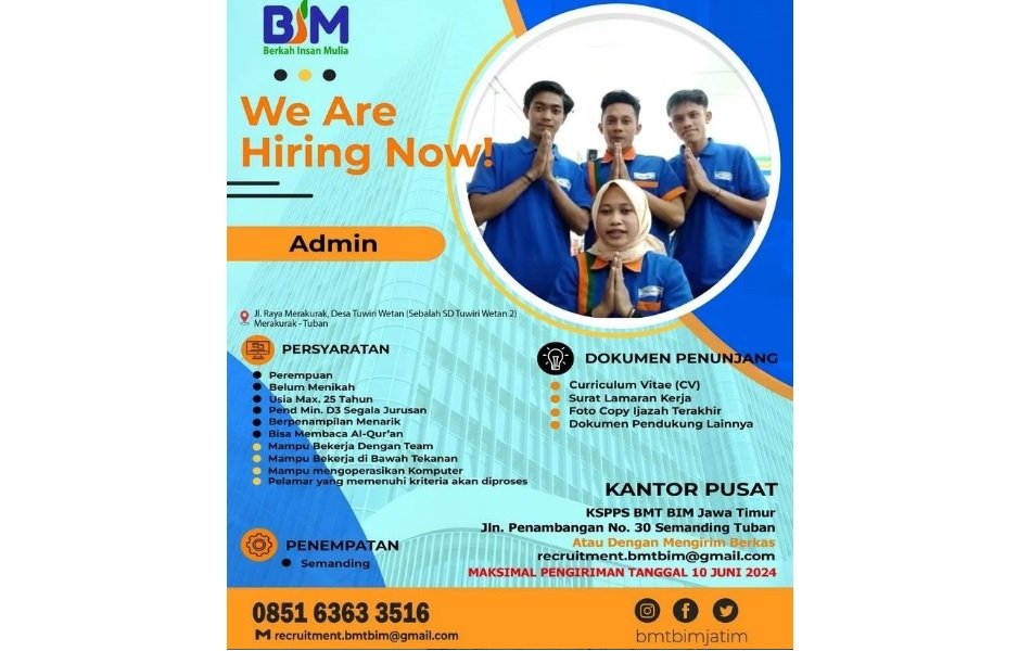 Lowongan Kerja Admin KSPPS di Tuban untuk Lulusan D3 
