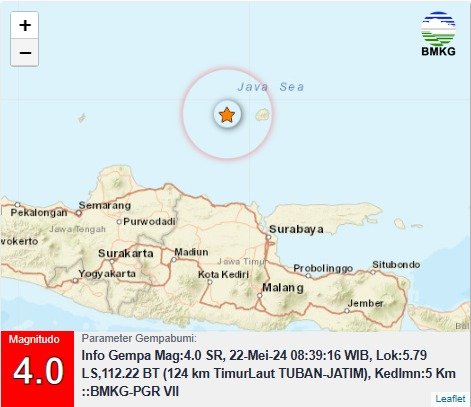 Gempa 4.0 SR dan 3.3 SR Guncang Tuban, Belum Ada Laporan Kerusakan