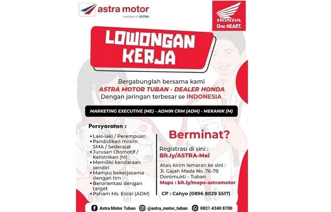 Lowongan Kerja Posisi Admin, Marketing dan Mekanik di Dealer Tuban